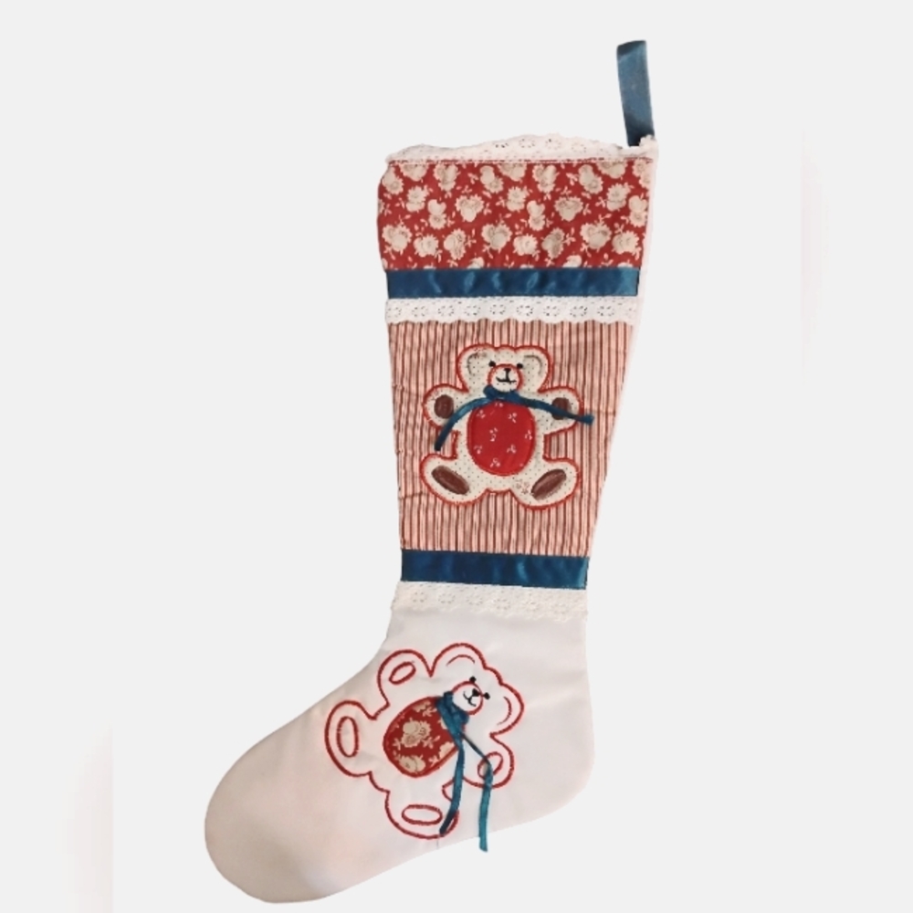 Festive Kids Stocking with Bear Design Embroidery Quilting